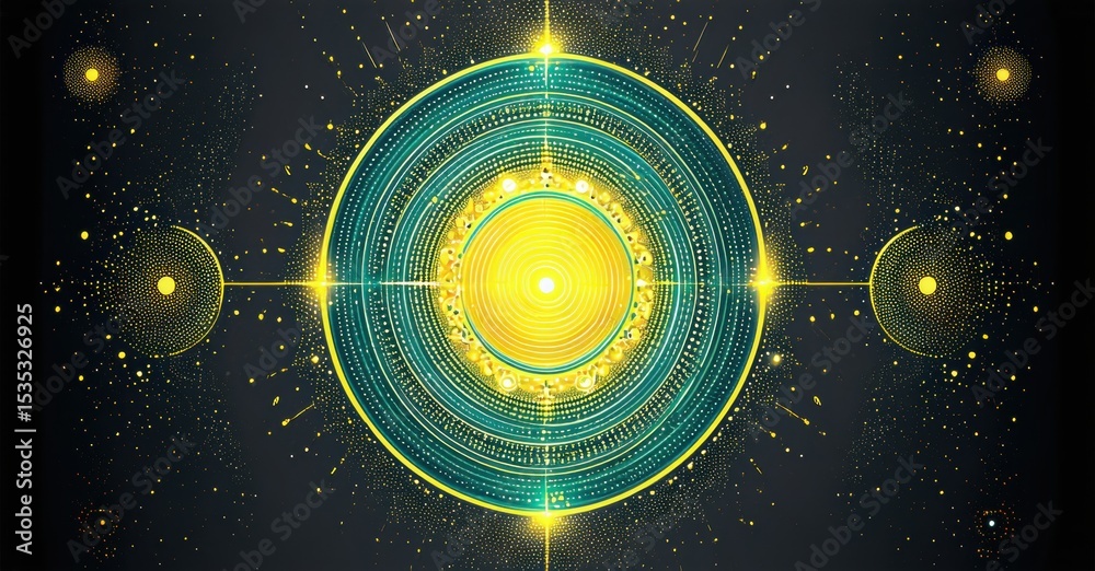 Poster abstract circular design. golden center radiates outward, surrounded by teal layers. sparkles create