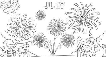 July fourth coloring page for kids, independence day fireworks, patriotic holiday activity on transparent background