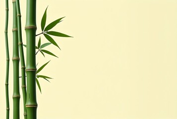 Fototapeta premium Green Bamboo Stalks and Leaves on Beige Background