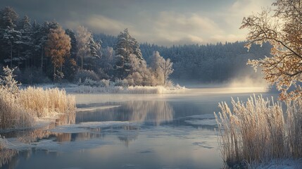 Fototapeta premium Serene Winter Sunrise Over a Frozen River