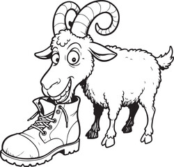 A black and white cartoon sketch of a goat munching on a boot cartoon, sketch, black and white, outline