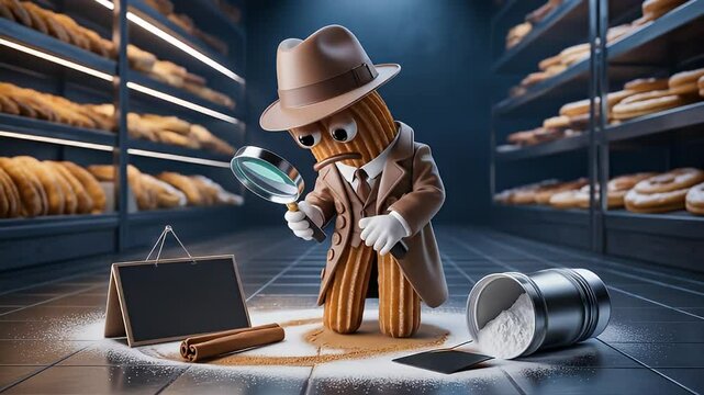 Dessert cartoon gingerbread detective in bakery crime scene with magnifying glass and spilled milk