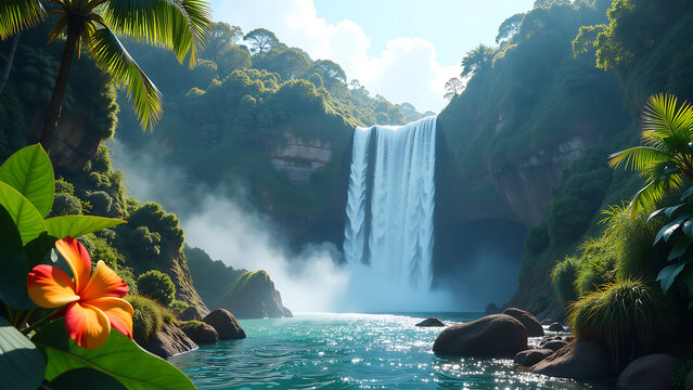 misty veil rises base cascading ramboda waterfall amidst lush greenery vibrant tropical flowers natural light