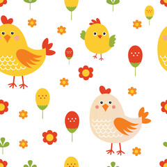 Cute hen and chick flat seamless pattern design