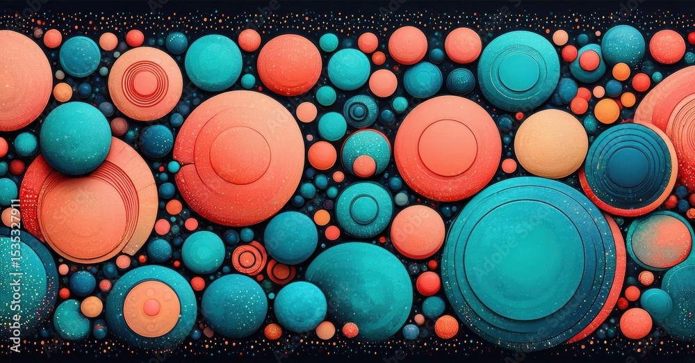 Poster Abstract composition featuring numerous colorful spheres. Varying sizes create depth, texture, visual interest. Background is dark.