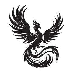 Darkened Phoenix Elusive Ash Dweller Depiction Outline with Vast Fiery Landscape - phoenix silhouette - phoenix vector - silhouette of phoenix - Phoenix illustration - mythical creature silhouette

