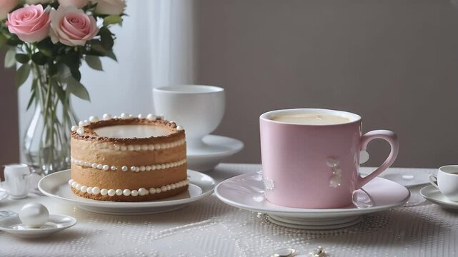 Elaborate blush cake beaded sugar pearls sugar paste roses glows beside artisan coffee sunlit caf&eacute; tableau expanded headline elevates luxurious patisserie artistry atmospheric lifestyle warmth