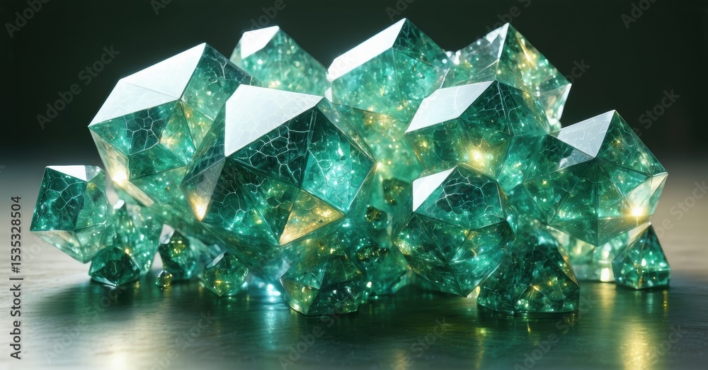 Poster Green crystal formations shimmer, reflecting light. Fractured surfaces create intriguing patterns, suggesting depth, texture. Minimalist presentation emphasizes form.