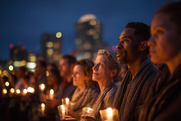 A group of diverse people standing together in a peaceful vigil, holding candles at dusk. Background shows a city skyline dimly lit. The mood is somber but united, 