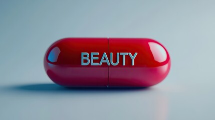 A glossy, vibrant red capsule with the word "beauty" displayed.