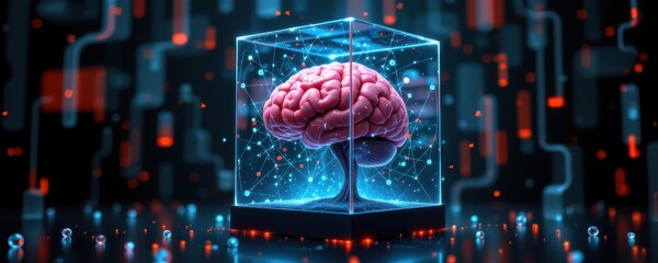 floating brain encased in glass cube, surrounded by floating data points