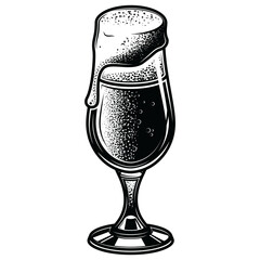 Black and white illustration of a glass of beer with foam, made in a retro engraving style. The graphic is perfect for logos, posters, bar menus, packaging or clothing.