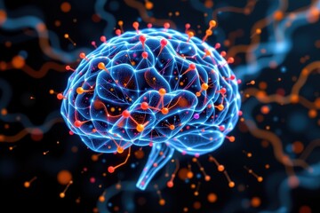 brain made of luminous mesh strands slowly unraveling into a data stream