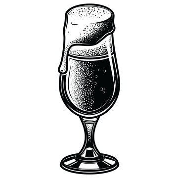 Black and white illustration of a glass of beer with foam, made in a retro engraving style. The graphic is perfect for logos, posters, bar menus, packaging or clothing.