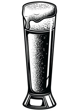Black and white illustration of a glass of beer with foam, made in a retro engraving style. The graphic is perfect for logos, posters, bar menus, packaging or clothing.