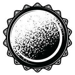 Vintage bottle cap illustration in engraving style. Black and white design with dotted hatching. Classic element for beer labels, bars, restaurants, beverage packaging and advertising.