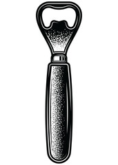 Retro bottle opener illustration in engraving style. Black and white design with dotted hatching. Vintage style, perfect for bar, pub, beer festival, beverage packaging and advertising.
