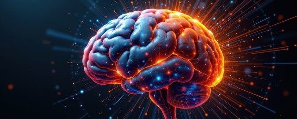 Side view of the brain with light beams coming out from the surrounding area.