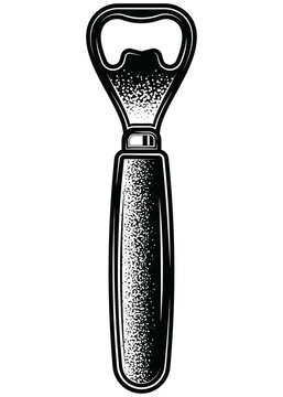 Retro bottle opener illustration in engraving style. Black and white design with dotted hatching. Vintage style, perfect for bar, pub, beer festival, beverage packaging and advertising.