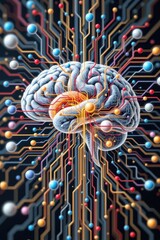 wireframe human brain layered over neural pathway diagram, medical and abstract fusion