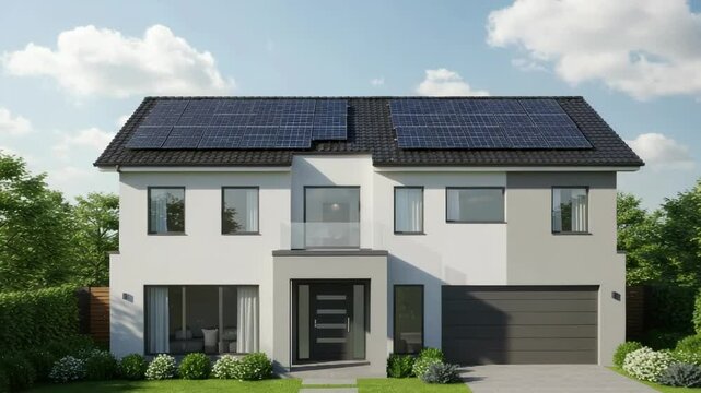 Modern sustainable semi detached house with solar panels, green garden and blue sky