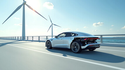 Obraz premium sleek electric car chassis battery pack revealed speeds across modern bridge flanked towering wind turbines