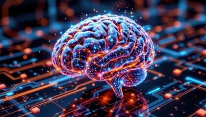 futuristic brain built from holographic stacked grids and subtle light flares