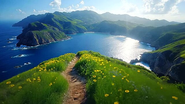 Scenic trail with wildflowers leading to stunning ocean views and mountain landscapes