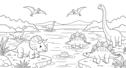 Dinosaur coloring page for kids printable, cute dinosaurs in prehistoric landscape outline drawing on transparent background © Farjana