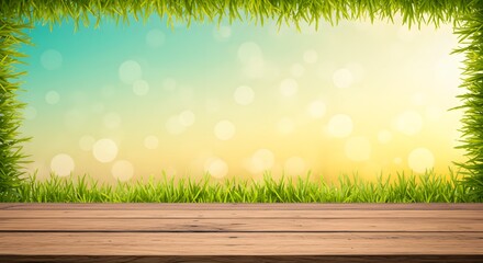 Obraz premium Spring Green Grass Frame with Bokeh and Wooden Table Photograph