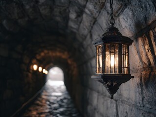 Exploring the depths: a vintage lantern illuminating a mysterious stone tunnel