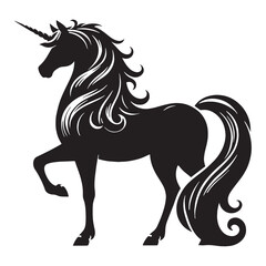 Fearsome Unicorn Tall Walker of the Peaks Shape Silhouette with Mountain Scenery and Snowy Landscape - unicorn silhouette - unicorn vector - silhouette of unicorn - snow creature graphic
