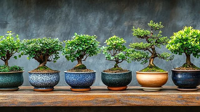 Serene Bonsai Tree Collection Displayed on Wooden Shelves Against Textured Gray Background