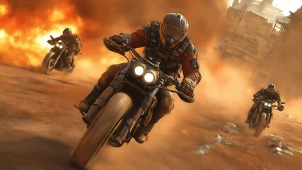 Post-Apocalyptic Riders on Motorcycles in a Dusty Desert