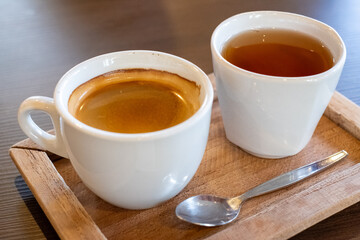 Espresso and Tea Cups on Wooden Tray
