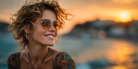 Radiant woman in a stylish summer dress and sunglasses smiles, enjoying a solo vacation as the golden hour sun sets over a serene, dreamy beach.