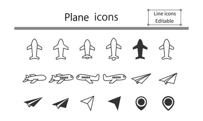 飛行機のアイコン、ラインベクター、編集可能