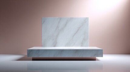 Minimalist product podium made of smooth white marble with clean geometric lines, floating in a soft gradient background of pastel tones