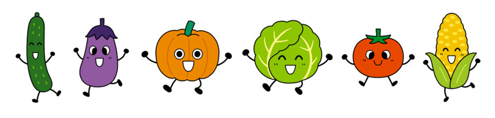 手足のある夏野菜キャラクターが楽しく踊るかわいいイラストセット