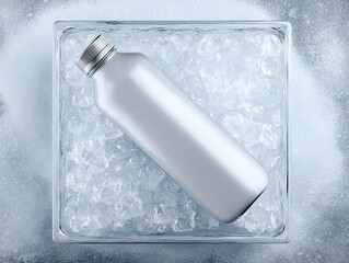 water bottle with a mockup empty label frozen in a block of ice, top view