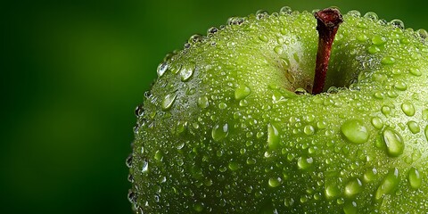 Extreme macro shot of a crisp green apple covered in glistening water droplets, perfectly framed against a clean, soft-focus green background.