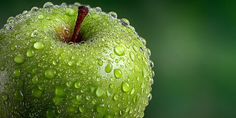 Extreme macro shot of a crisp green apple covered in glistening water droplets, perfectly framed against a clean, soft-focus green background.