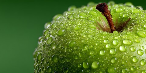 Extreme macro shot of a crisp green apple covered in glistening water droplets, perfectly framed against a clean, soft-focus green background.