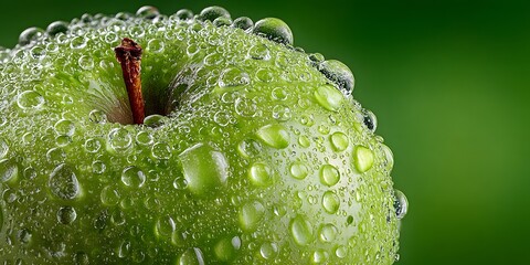 Extreme macro shot of a crisp green apple covered in glistening water droplets, perfectly framed against a clean, soft-focus green background.