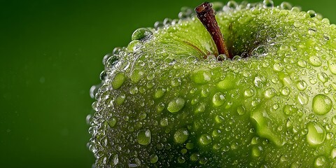 Extreme macro shot of a crisp green apple covered in glistening water droplets, perfectly framed against a clean, soft-focus green background.