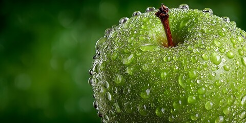 Extreme macro shot of a crisp green apple covered in glistening water droplets, perfectly framed against a clean, soft-focus green background.
