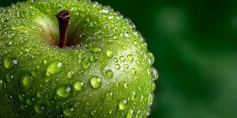 Extreme macro shot of a crisp green apple covered in glistening water droplets, perfectly framed against a clean, soft-focus green background.