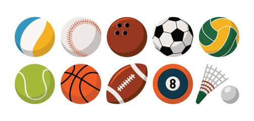 Collection of colorful sport balls and equipment