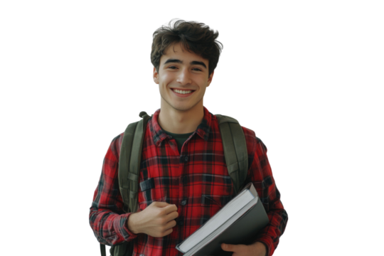 Handsome young confident college student. Smiling male student with backpack and books walking on campus indoors. Young man ready for classes or studying. Confident and happy college student. PNG - Powered by Adobe