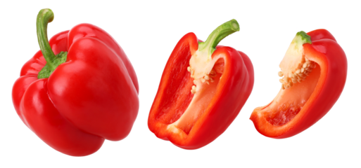 red sweet bell pepper, half and slices isolated, transparent PNG, PNG format, Fresh red bell pepper, collection